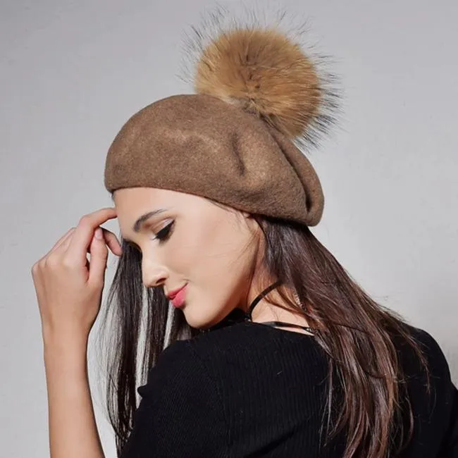 100% Wool Raccoon Fur With Detachable Pom Pom Beret