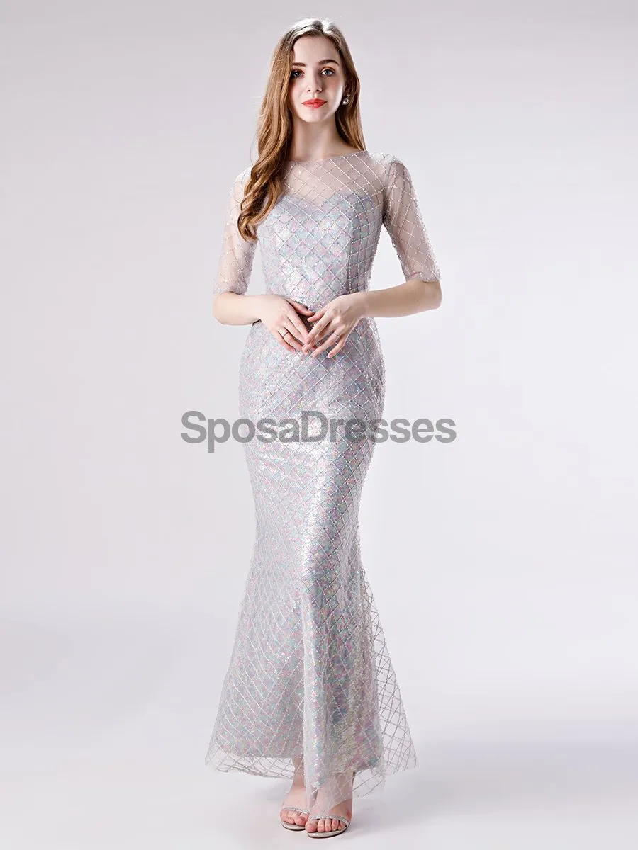 1/2 Long Sleeves Sequin Mermaid Evening Prom Dresses, Evening Party Prom Dresses, 12112