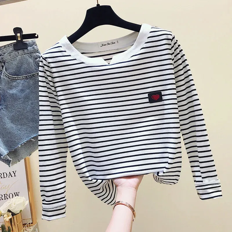 2022 Women Striped T Shirts Long Sleeve 95% Cotton Tops Casual Women Autumn T Shirts Tops Women Tops