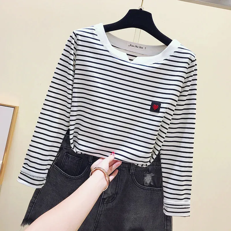 2022 Women Striped T Shirts Long Sleeve 95% Cotton Tops Casual Women Autumn T Shirts Tops Women Tops