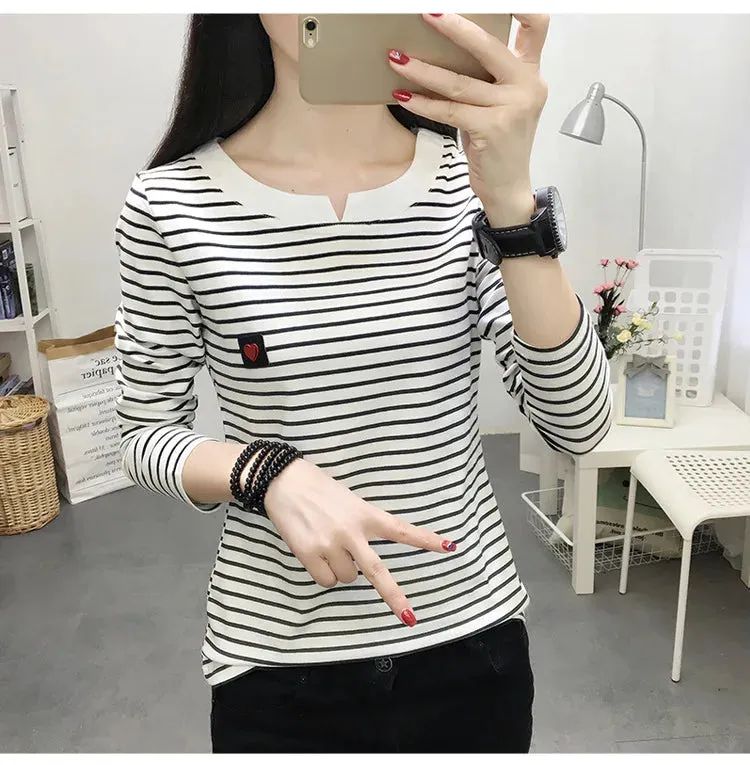 2022 Women Striped T Shirts Long Sleeve 95% Cotton Tops Casual Women Autumn T Shirts Tops Women Tops