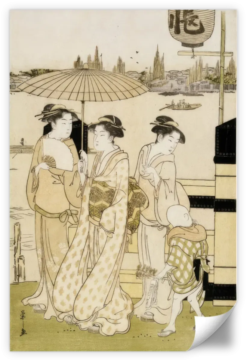 3 Women And Boy Along Sumida River Wall Art