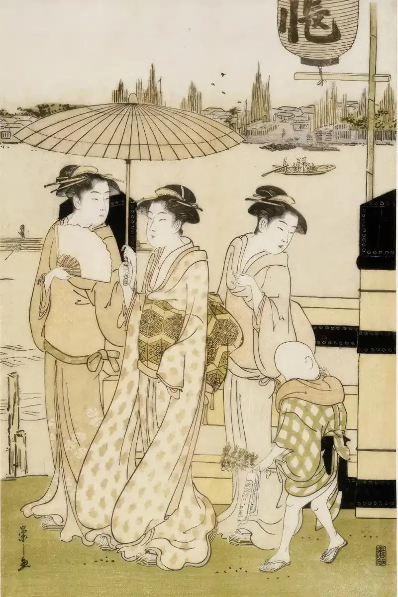 3 Women And Boy Along Sumida River Wall Art