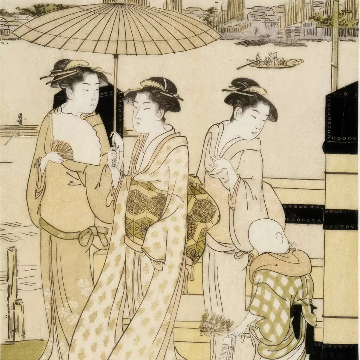 3 Women And Boy Along Sumida River Wall Art