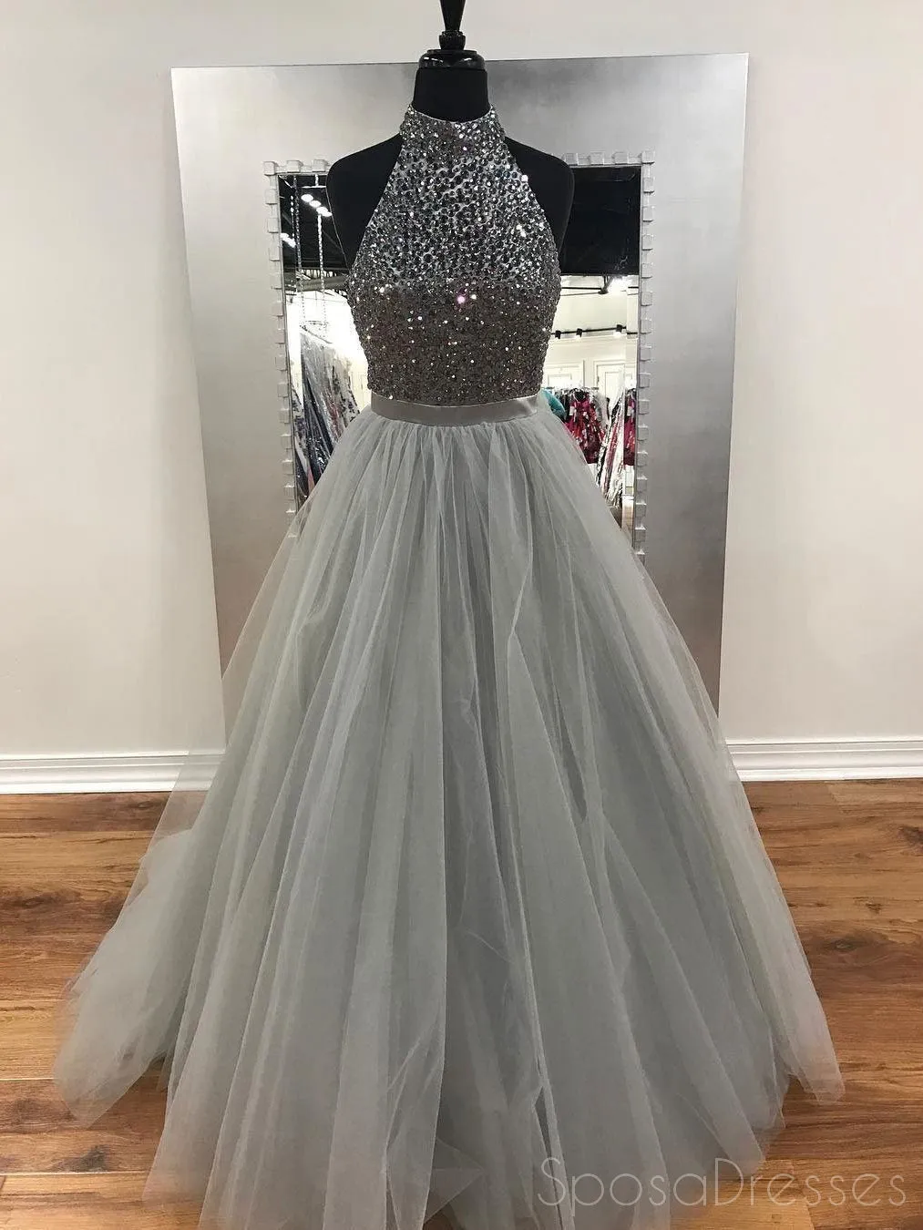 A Line Gray Beaded Fashion Evening Prom Dresses, Popular Sweet 16 Party Prom Dresses, Custom Long Prom Dresses, Cheap Formal Prom Dresses, 17147