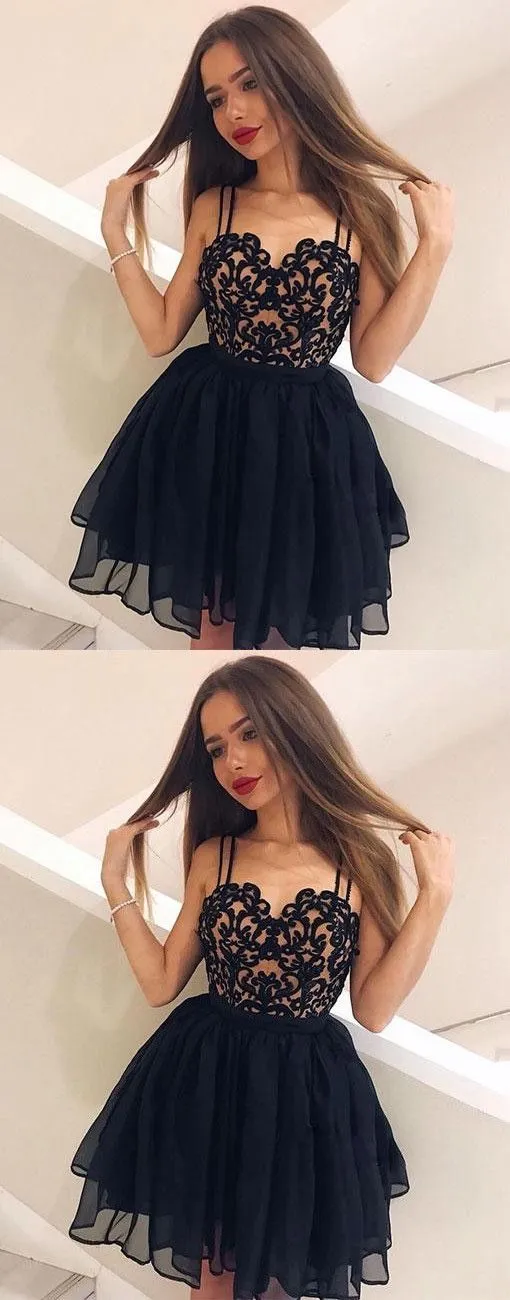 A-Line Spaghetti Straps Homecoming Dresses, Sweetheart Black Lace Homecoming Dresses,Short Prom Dresses,BDY0164