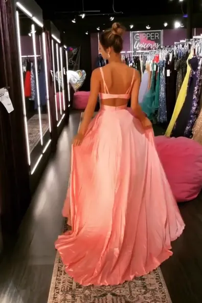 A-line Spaghetti Straps Pink Satin Long Prom Dresses,Cheap Prom Dresses,PDY0514