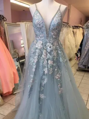 A-line Spaghetti Straps V-neck Blue Long Prom Dresses ,Cheap Prom Dresses,PDY0454