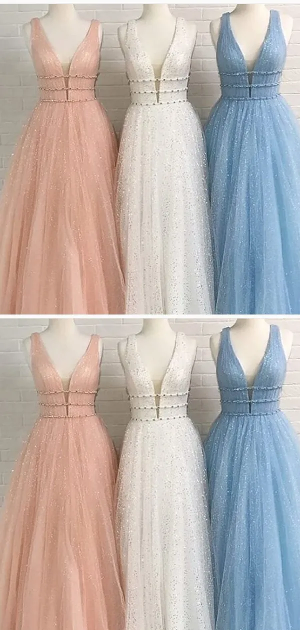 A-line V-neck Blue Tulle Prom Dresses,Cheap Prom Dresses,PDY0489