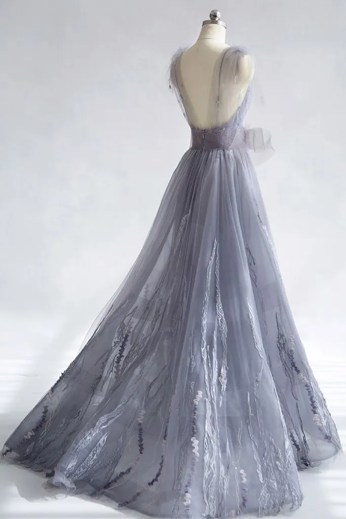 A-line V-neck Grey Tulle Prom Dress With Applique ,Cheap Prom Dresses,PDY0413