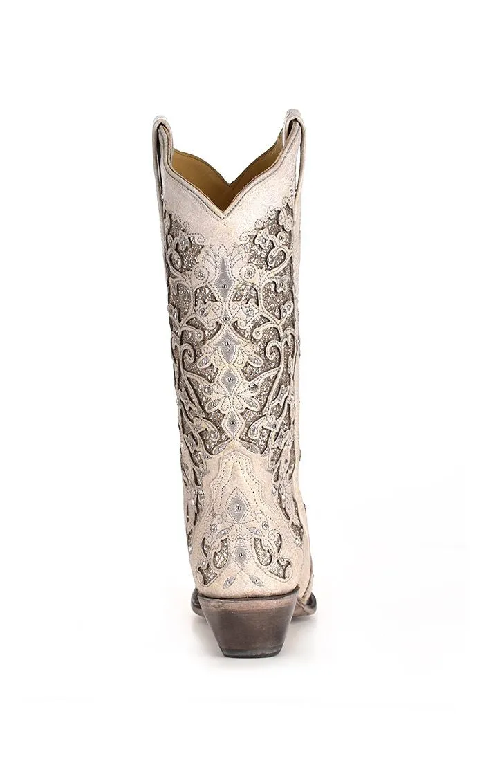 A3322 - Corral white western cowgirl wedding leather boots for women