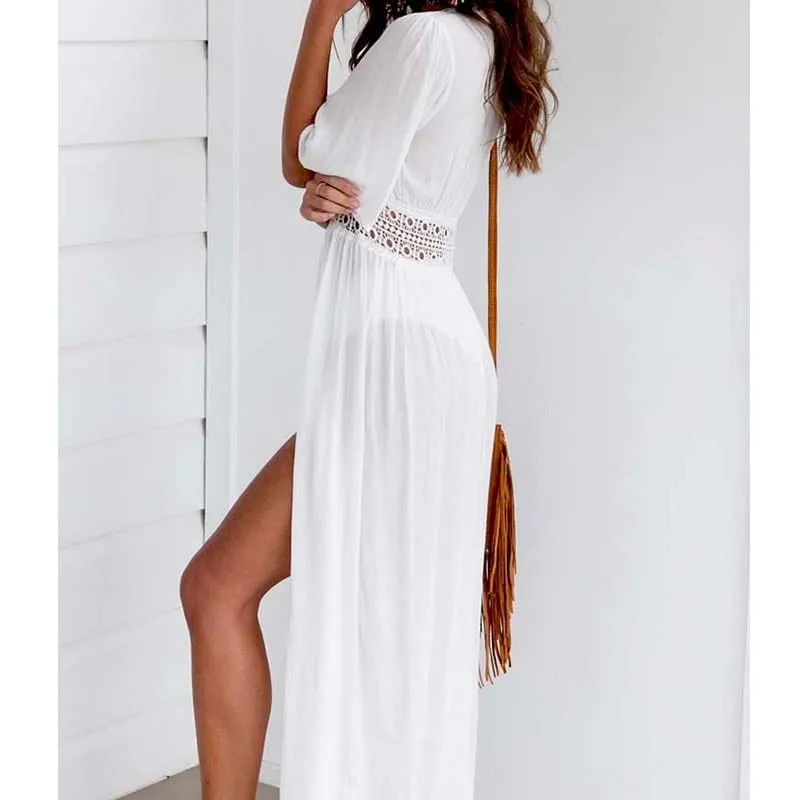 Alpha C Women Summer White Hole Maxi Dress  Beach Bikini Cover up Long dress Summer Boho Swimwear Dress