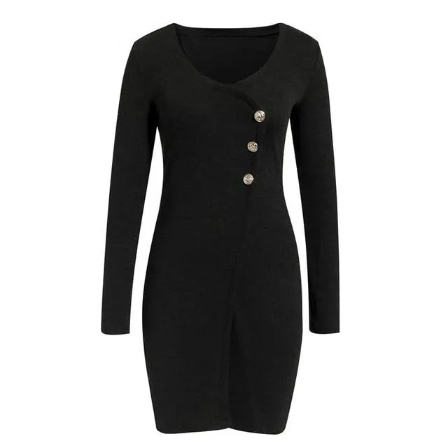 Autumn Elegant Buttons Long sleeve Bodycon Sheath Mini Dress