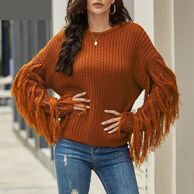 Autumn Winter Khaki O Neck Long Sleeve Solid Tassel Knitted Sweater