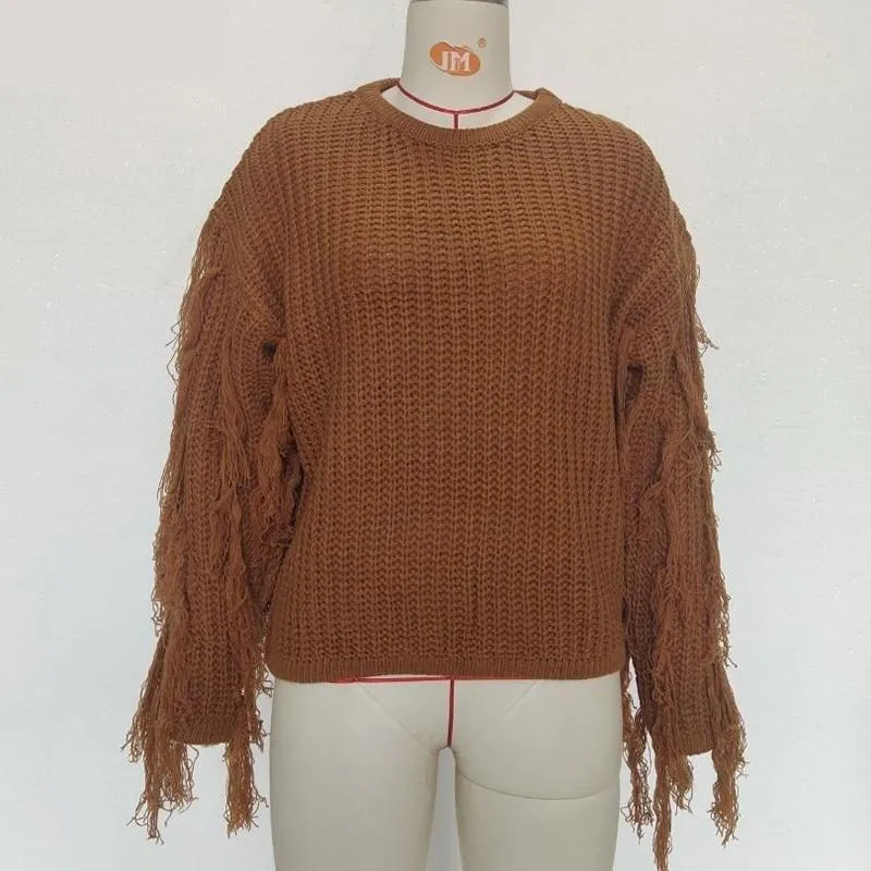 Autumn Winter Khaki O Neck Long Sleeve Solid Tassel Knitted Sweater