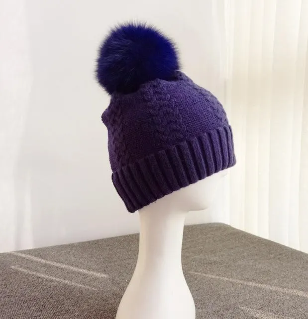 Autumn Winter Wool and Fox Fur Pom Pom Beanie Cap for Women