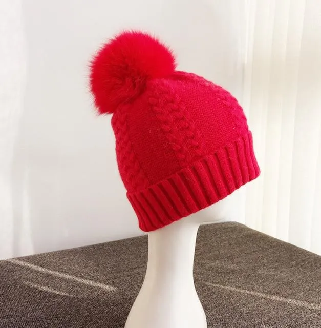 Autumn Winter Wool and Fox Fur Pom Pom Beanie Cap for Women