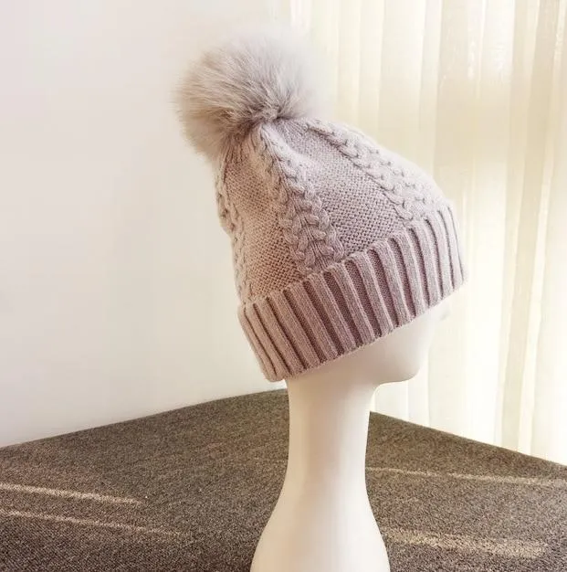 Autumn Winter Wool and Fox Fur Pom Pom Beanie Cap for Women