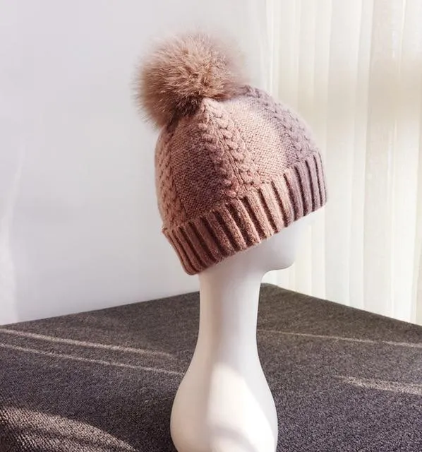 Autumn Winter Wool and Fox Fur Pom Pom Beanie Cap for Women