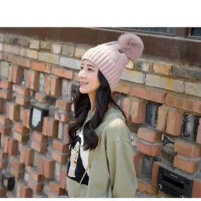 Autumn Winter Wool and Fox Fur Pom Pom Beanie Cap for Women