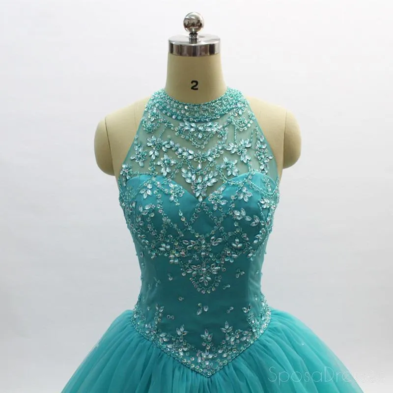 Ball Gown Turquoise Halter Beaded A-line Long Evening Prom Dresses, Cheap Sweet 16 Dresses, 18356