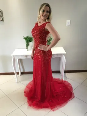 Bateau Rhinestone Prom Dresses, Red Mermaid Prom Dresses, Long Prom Dresses, Prom Dresses, BG0399