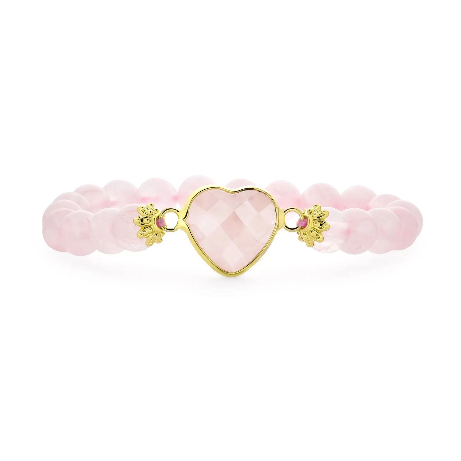 Big Center Faceted Heart Charm Pink Rose Quartz Bead Stretch Bracelet