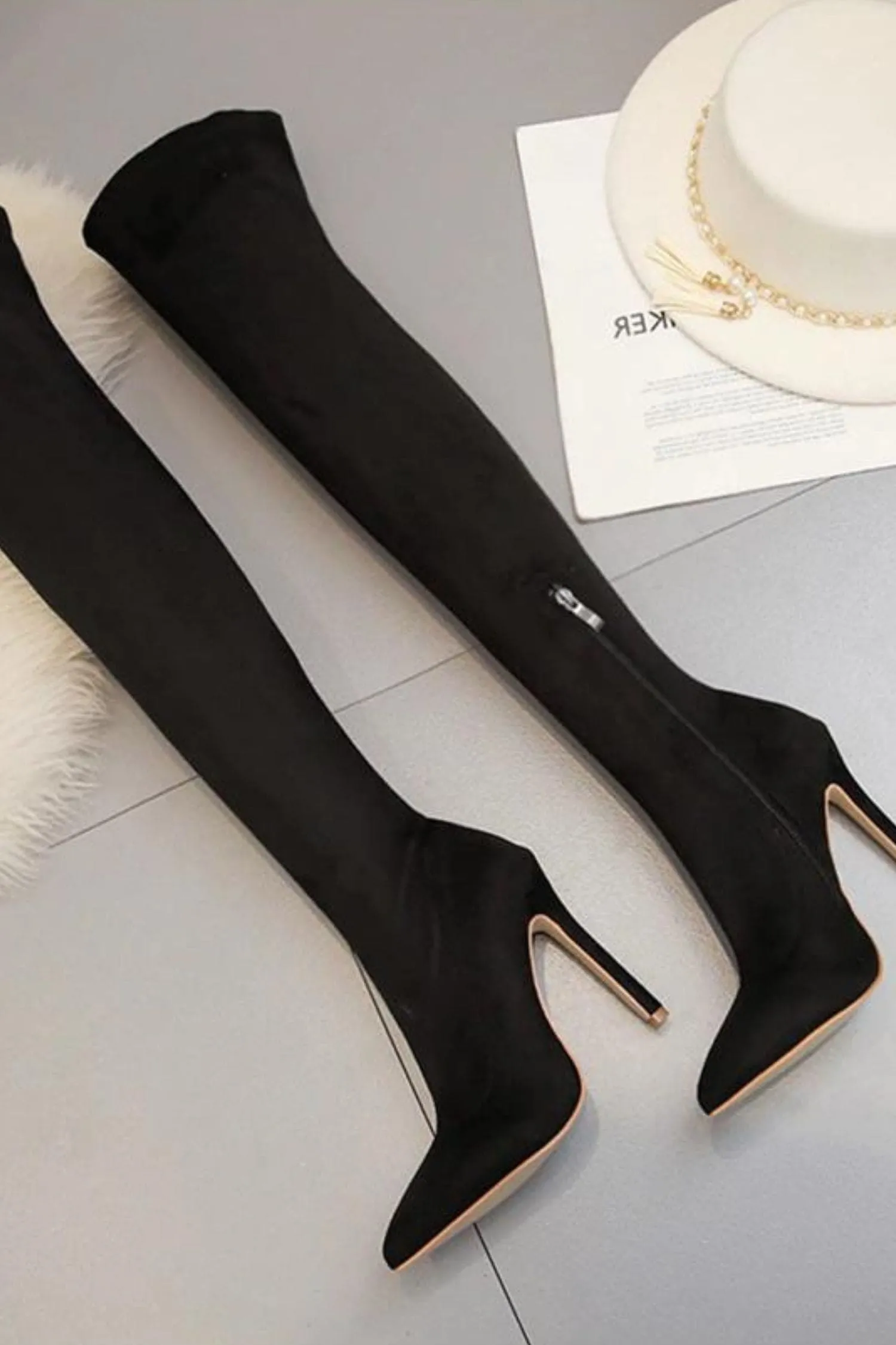 Black Suede Pointed Toe Thigh High Boots