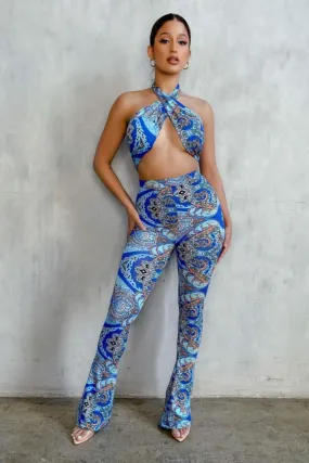 Blue Paisley High Waist Flare Pants & Halter Top Set