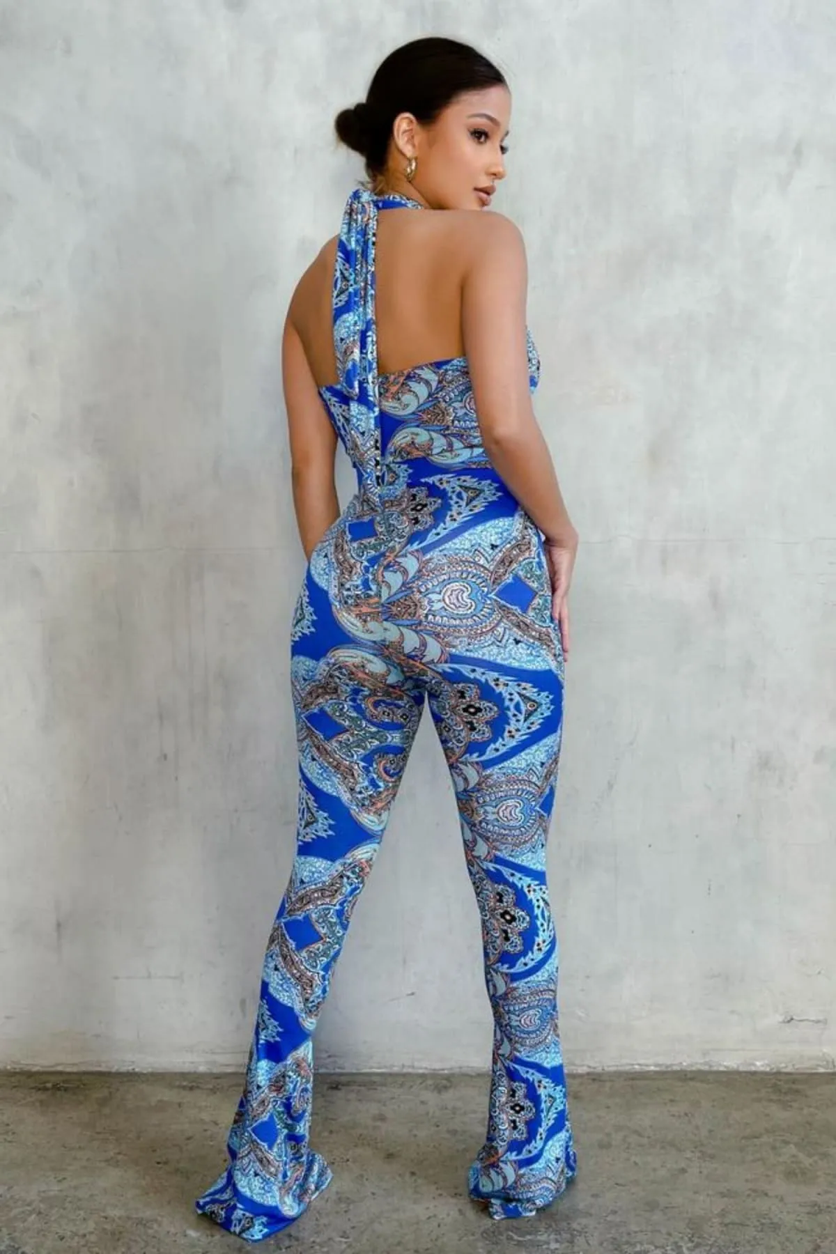 Blue Paisley High Waist Flare Pants & Halter Top Set