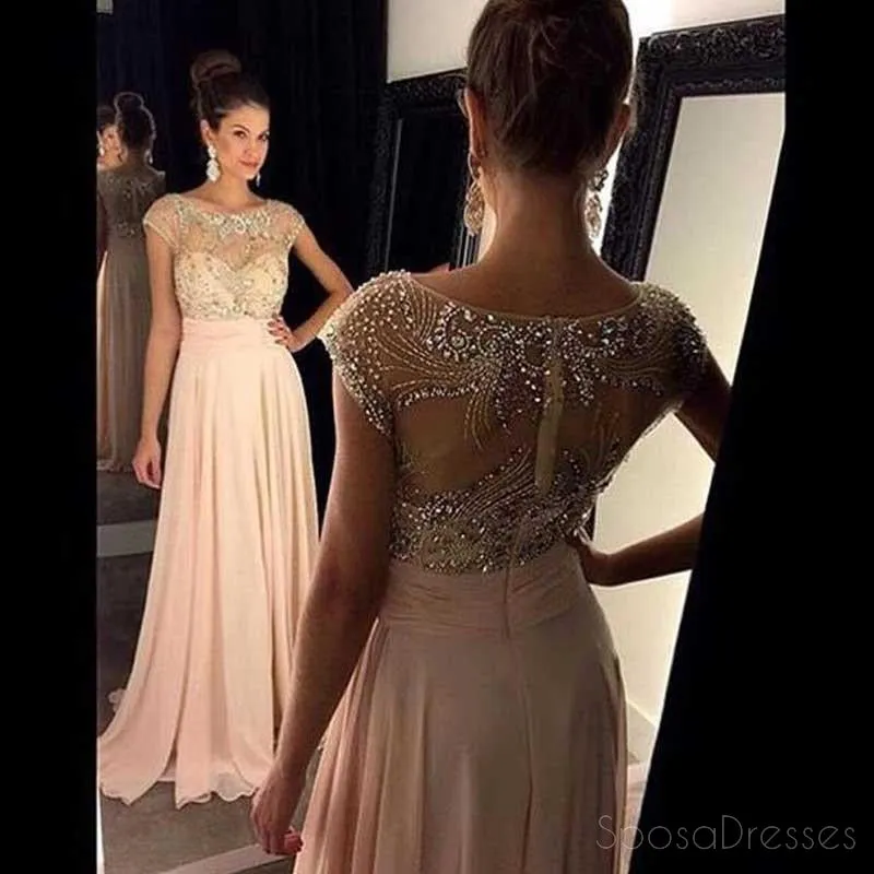 Blush Pink Cap Sleeve Beaded Long Evening Prom Dresses, Sexy See Through Party Prom Dress, Custom Long Prom Dresses, Cheap Formal Prom Dresses, 17043