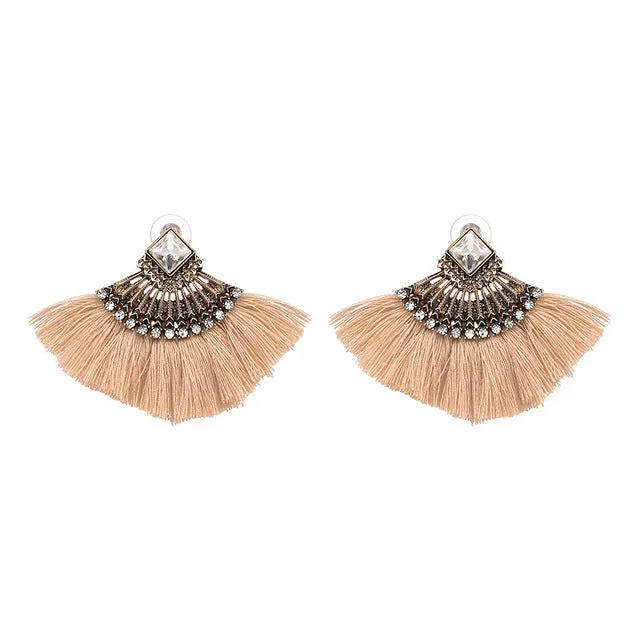 Bohemia Dangle Drop Earrings Women Accessories Fan Shaped Cotton Handmade Tassels Fringed Earrings Ethnic Jewelry