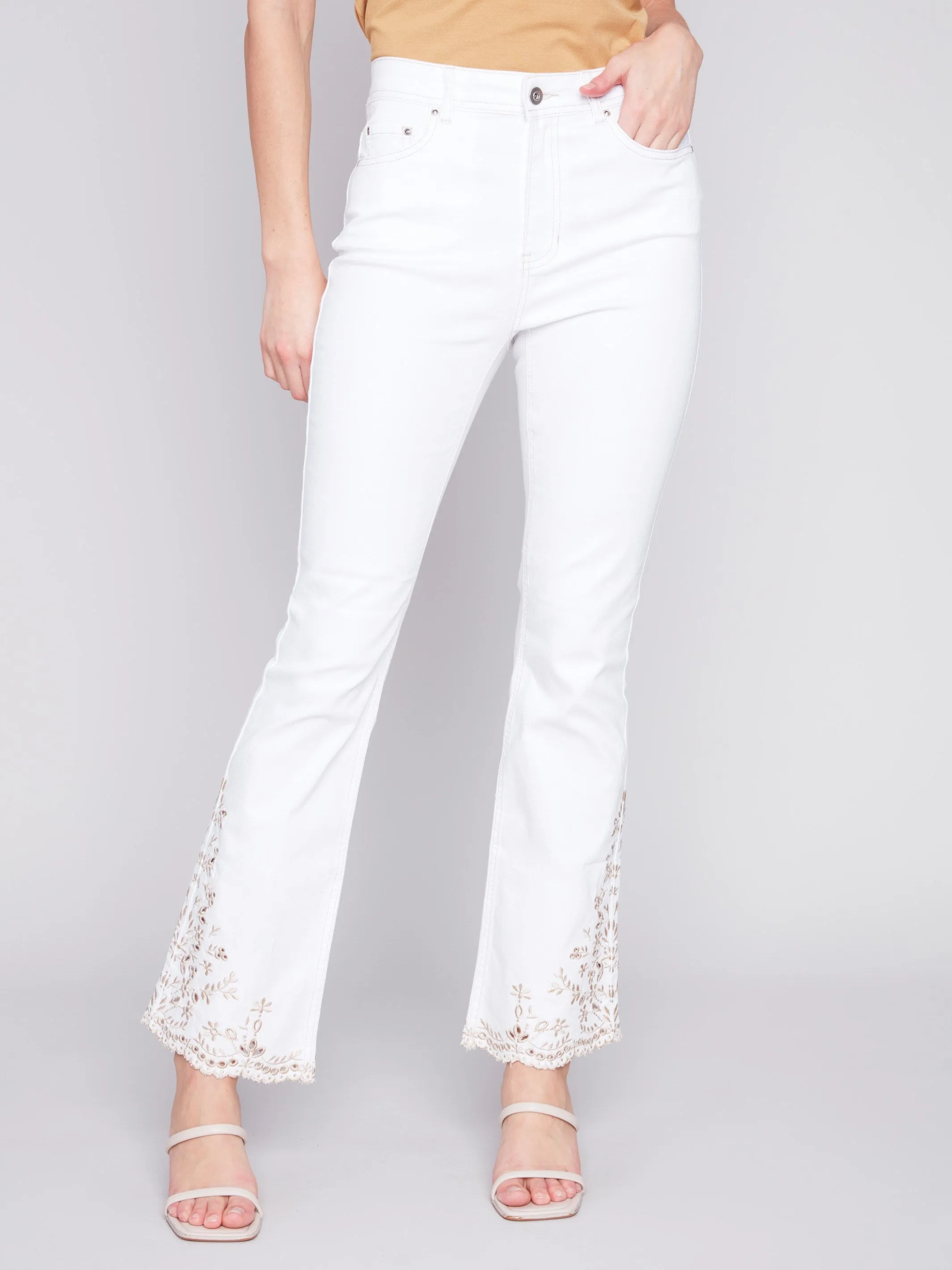 Bootcut Twill Jeans with Embroidery - White