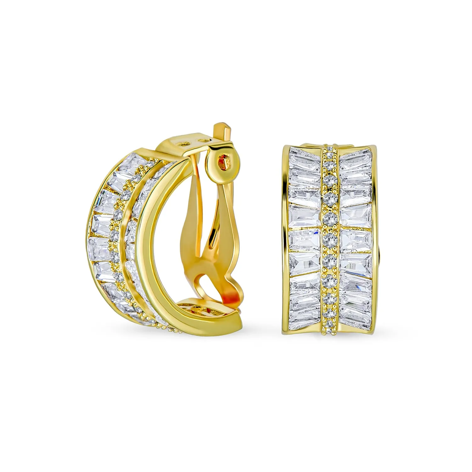 Bridal Crystal Huggie Hoop Magnetic Clip On Earrings Gold Silver Plate