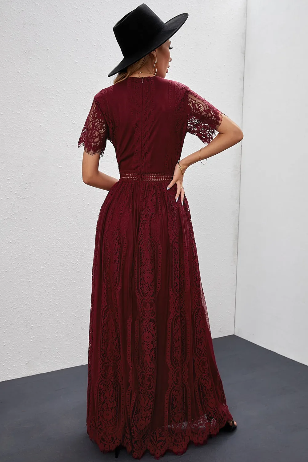 Burgundy Lace Maxi Party Dress