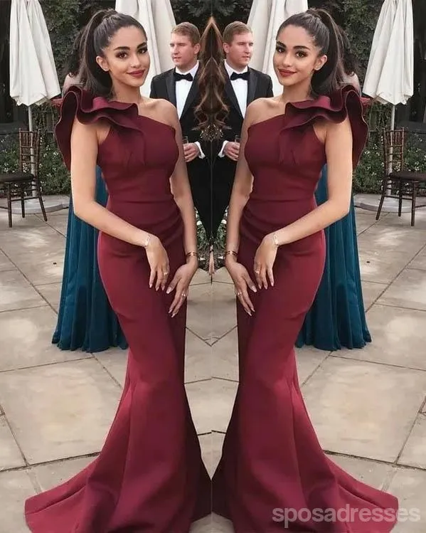 Burgundy One Shoulder Sexy Mermaid Long Bridesmaid Dresses Gown Online,WG1089