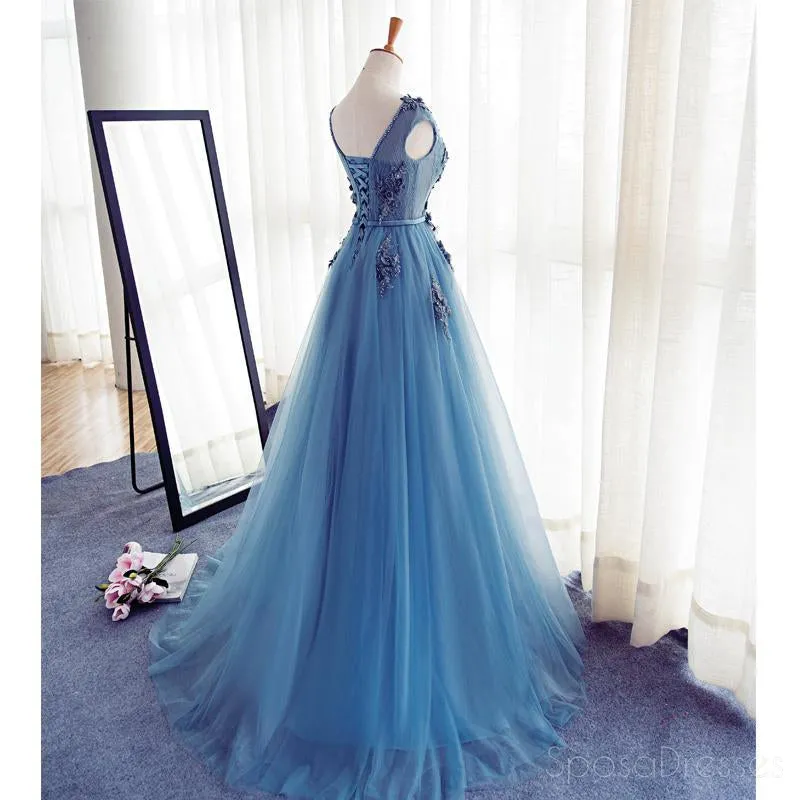 Cap Sleeve Blue Lace Beaded Evening A Line Prom Dresses, Long Sexy Party Prom Dress, Custom Long Prom Dresses, Cheap Formal Prom Dresses, 17133