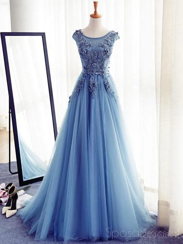 Cap Sleeve Blue Lace Beaded Evening A Line Prom Dresses, Long Sexy Party Prom Dress, Custom Long Prom Dresses, Cheap Formal Prom Dresses, 17133