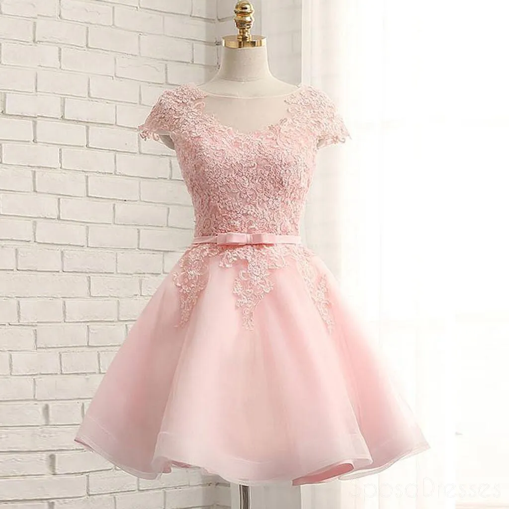 Cap Sleeve Pink Lace Beaded Tulle Short Homecoming Dresses, Cheap Homecoming Dresses, CM368