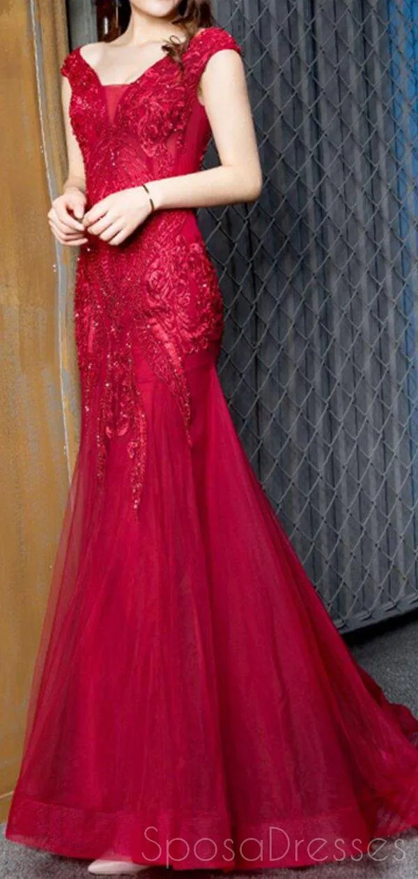 Cap Sleeves Red Lace Beaded Mermaid Cheap Long Evening Prom Dresses, Evening Party Prom Dresses, 18644