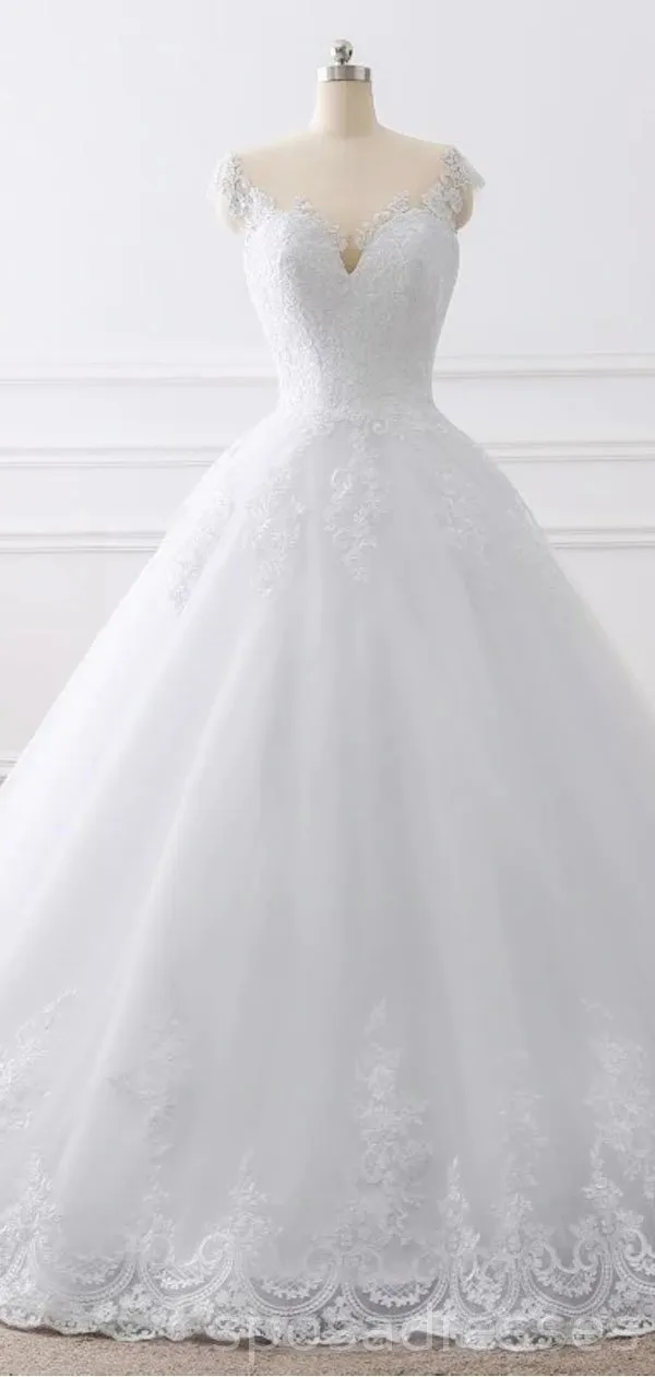 Cap Sleeves White Scoop Lace Wedding Dresses Online, Cheap Bridal Dresses, WD509