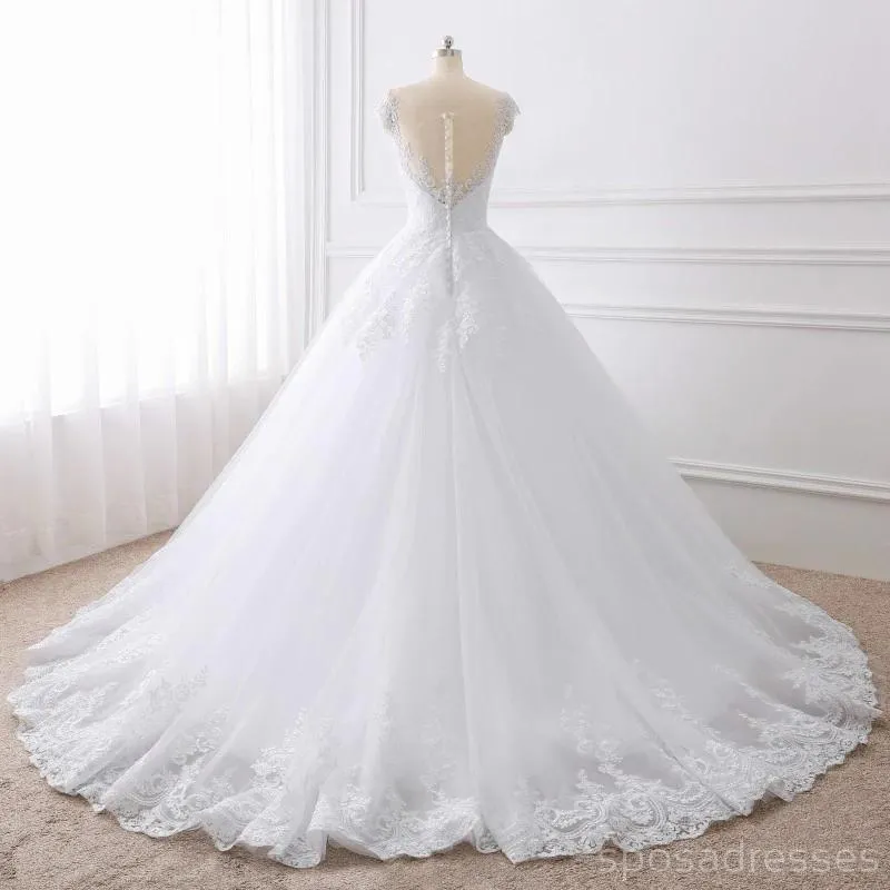 Cap Sleeves White Scoop Lace Wedding Dresses Online, Cheap Bridal Dresses, WD509