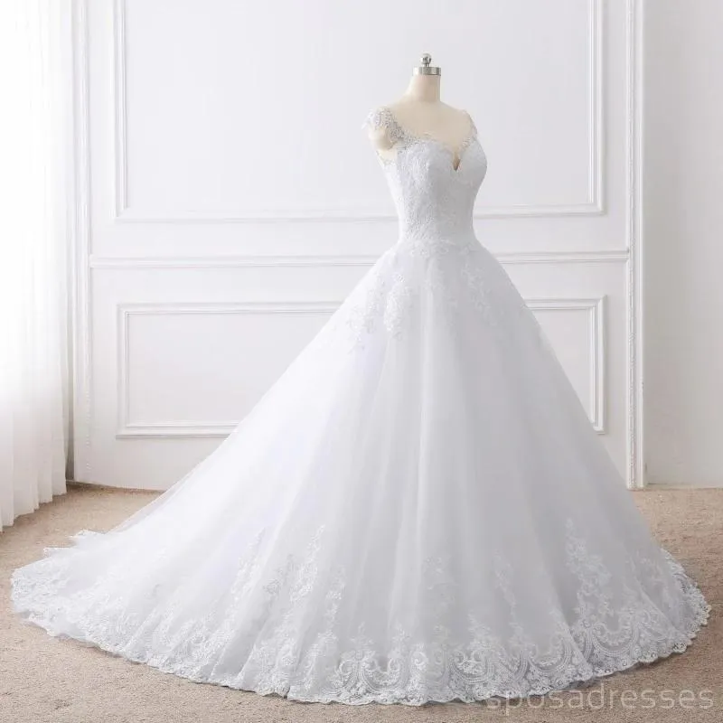 Cap Sleeves White Scoop Lace Wedding Dresses Online, Cheap Bridal Dresses, WD509