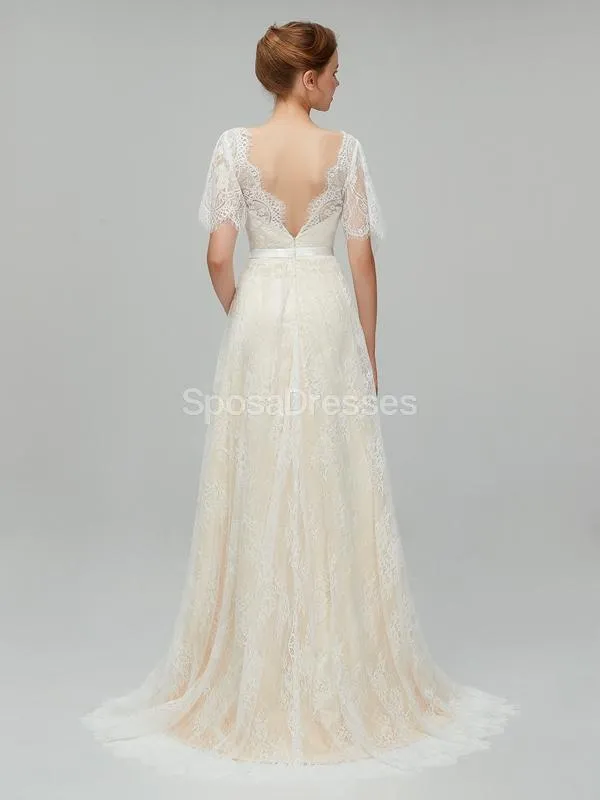 Champagne Short Sleeves Lace A-line Cheap Wedding Dresses Online, Cheap Bridal Dresses, WD561