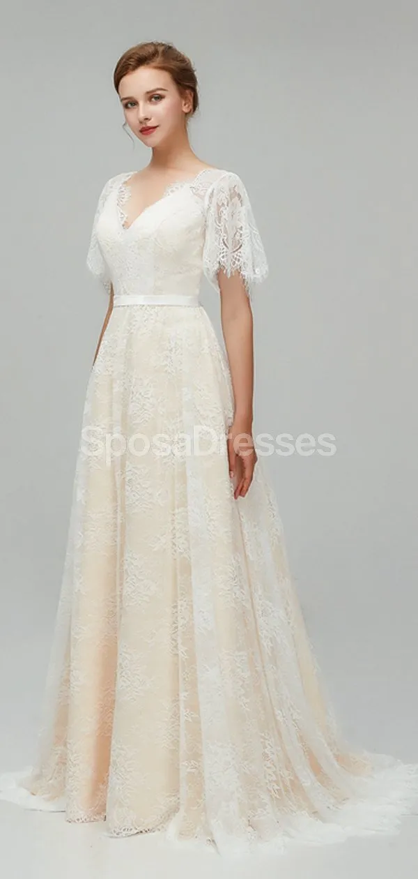 Champagne Short Sleeves Lace A-line Cheap Wedding Dresses Online, Cheap Bridal Dresses, WD561