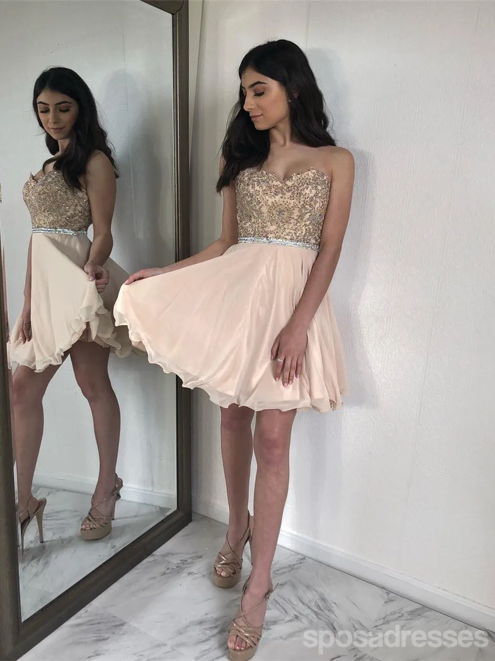 Champagne Sweetheart Lace Beaded Short Cheap Homecoming Dresses Online, CM581