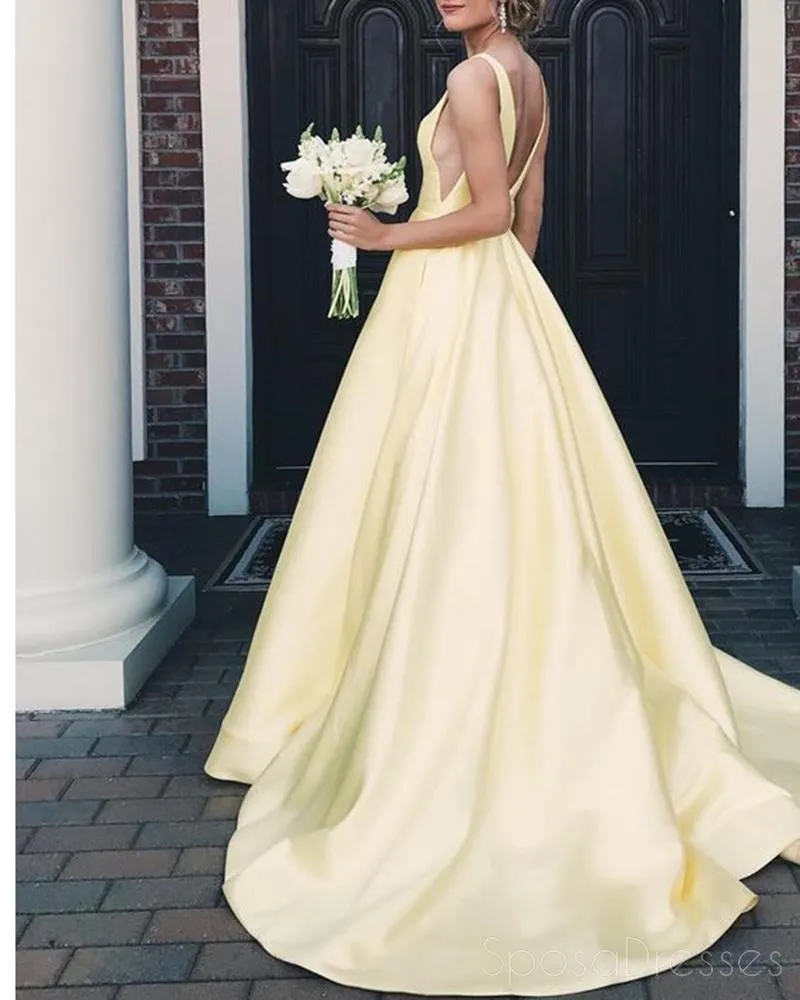 Cheap Yellow V-Neck A-line Long Evening Prom Dresses, Cheap Party Custom  Prom Dresses, 18616