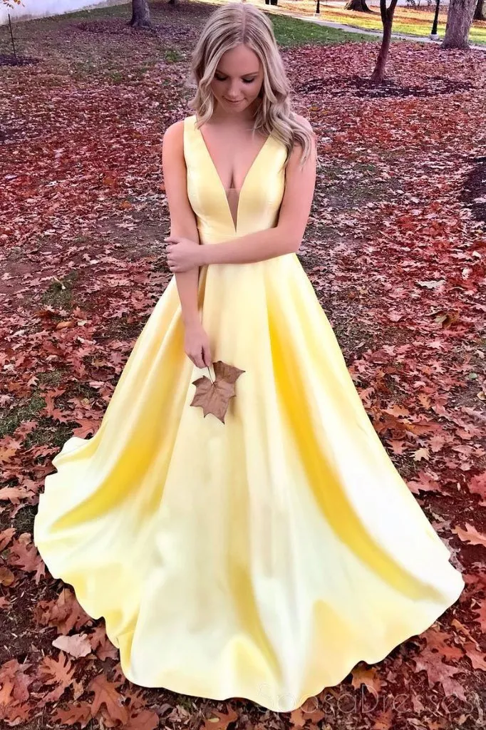 Cheap Yellow V-Neck A-line Long Evening Prom Dresses, Cheap Party Custom  Prom Dresses, 18616