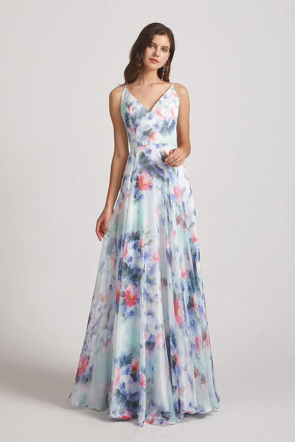 Chiffon Blue Flower Print Bridesmaid Dresses (AF0126)