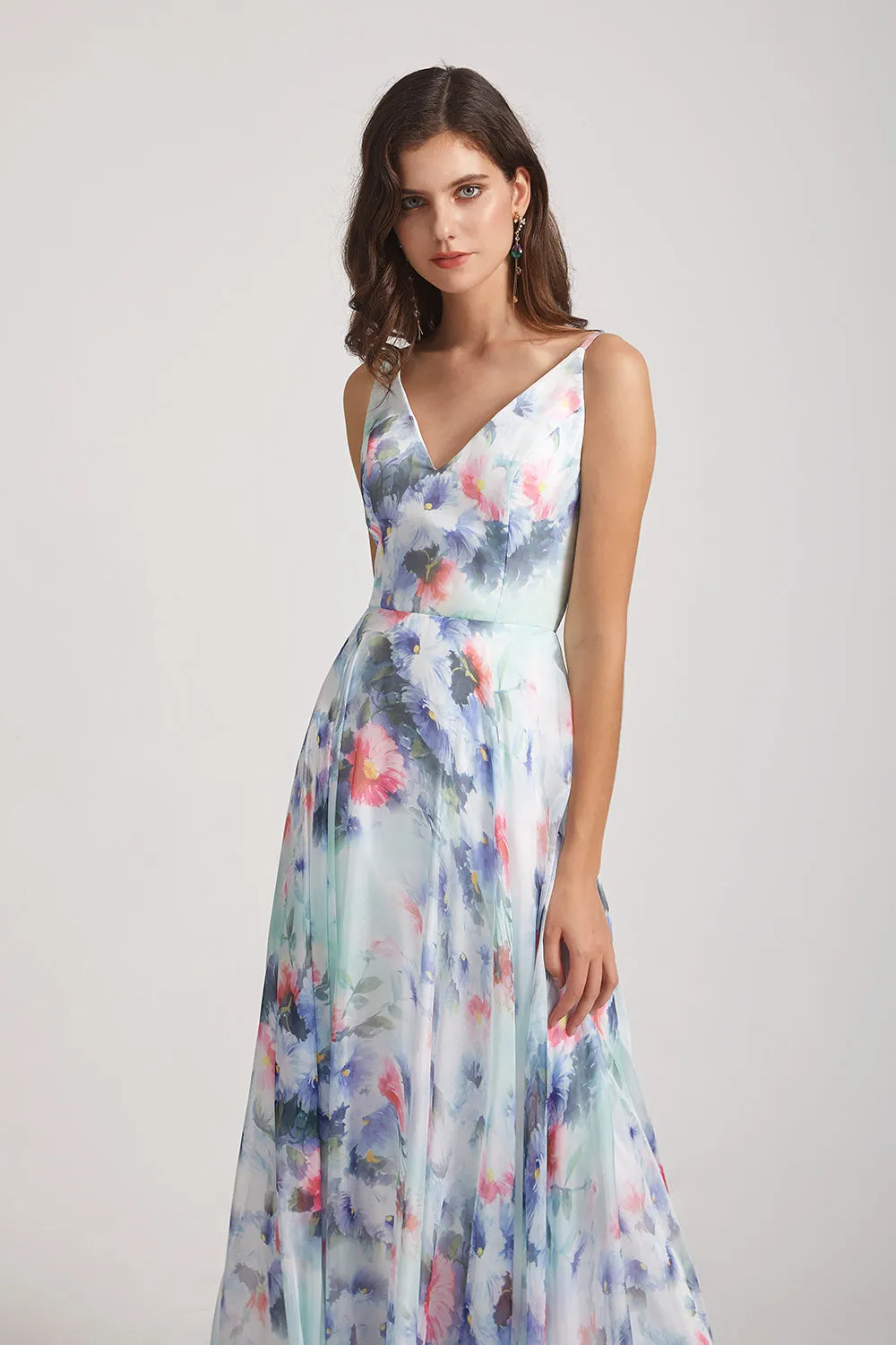 Chiffon Blue Flower Print Bridesmaid Dresses (AF0126)